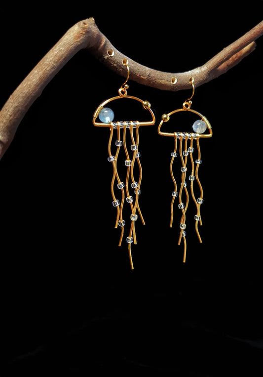 Labradorite Jellyfish Earrings, Ocean-inspired Jewellery, Extra Long Dangle Sea Life Crystal Jewelry, Gift for Women.