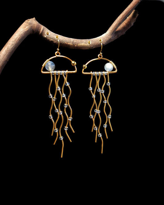 Labradorite Jellyfish Earrings, Ocean-inspired Jewellery, Extra Long Dangle Sea Life Crystal Jewelry, Gift for Women.